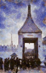 Landscape of the Grand Palace on a sad day Illustrations in chalk crayon colored pencils impressionist style paintings.