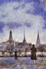 Landscape of the Grand Palace on a sad day Illustrations in chalk crayon colored pencils impressionist style paintings.