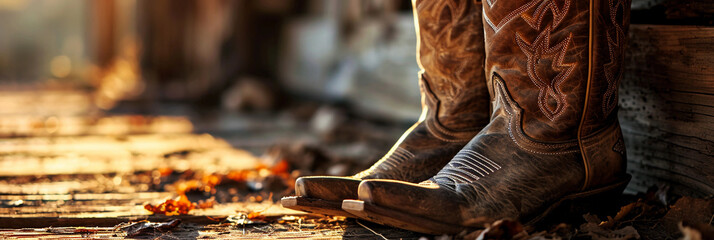 worn-out cowboy boots, set against a rustic barn backdrop at sunset, capturing the aged leather and intricate stitching - obrazy, fototapety, plakaty