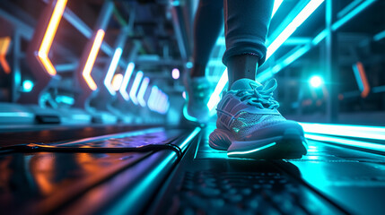 smart running shoes with embedded LEDs and sensors, on a tech-infused treadmill, ambient neon lighting