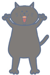 Illustration of a gray cat standing with its arms raised. The cat's expression represents happiness, enjoyment, joy, etc.	