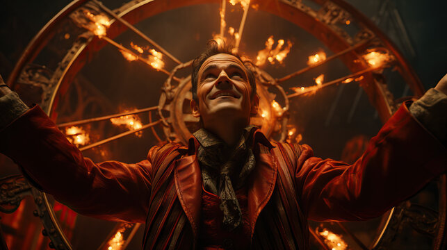 Cyr Wheel Performer Gracing the Circus Arena, Arms Raised in Exuberance and a Radiant Smile, Showcasing the Artistry of the Performance with Grace and Style.