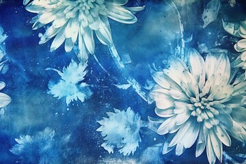 Fototapeta na wymiar Cyanotype workshop graphic print design, blue and white colors with floral, natural elements.