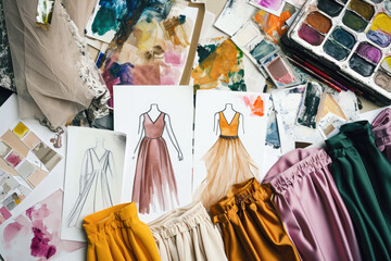 View from above of various fashion dresses sketches near fabric swatches and palette in workshop