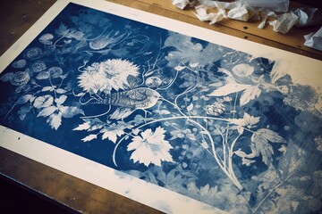 Cyanotype workshop graphic print design, blue and white colors with floral, natural elements.