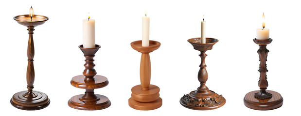 Set collection of decorative wooden candle stands isolated on transparent background. Generative AI - obrazy, fototapety, plakaty