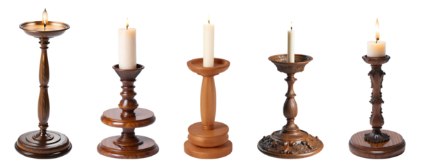 Set collection of decorative wooden candle stands isolated on transparent background. Generative AI
