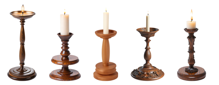 Set collection of decorative wooden candle stands isolated on transparent background. Generative AI
