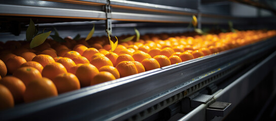 Conveyor in the factory on which the fruit of oranges moves, factory for creating orange juice...