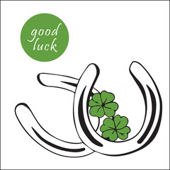 Two metal horseshoes and two four-leaf clover for good luck. Icons of lucky clover and horseshoe St.Patrick's Day clover Irish lucky green vintage icon vector