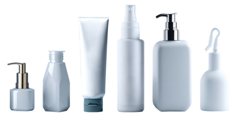 Set of various empty cosmetic packaging mock-ups press pumps, bottle, tube and spray isolated on transparent background. Generative AI