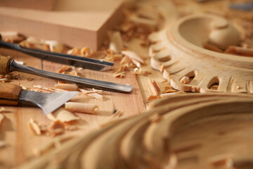 Set of Various Woodworking Chisel on wooden desk