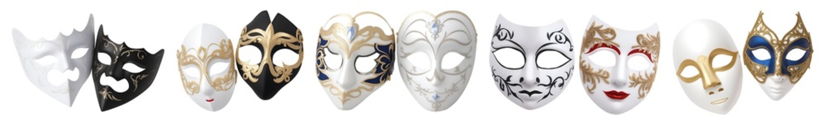 Set of vintage masquerade dance party performance masks isolated on transparent background. Generative AI