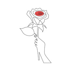 One-line continuous rose flower drawing and single-line style outline vector art illustration