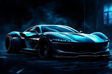 The drift of a sports car. Dark background with blue smoke. AI