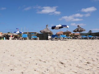 Umbrellas at beach on Atlantic Ocean at Sal island in Cape Verde