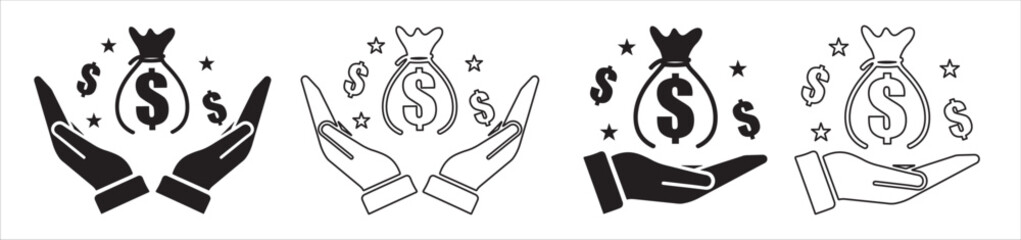 Dollar money icon, salary money, invest finance, hand holding dollar, line symbols on white background