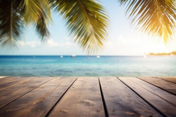 Fototapeta premium Summer Table And Sea With Blurred Leaves Palm And Defocused Bokeh Light On Ocean - Wooden Plank In Abstract Landscape