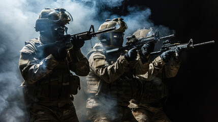 Military men with a machine gun on a dark background in smoke - obrazy, fototapety, plakaty