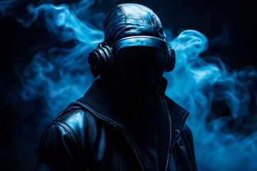 The man in the hood. Gloomy dark background with smoke. AI - obrazy, fototapety, plakaty