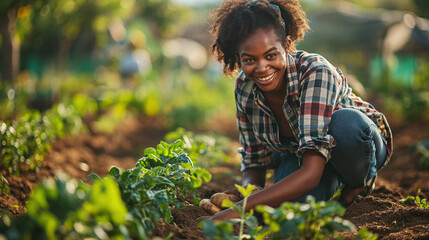 Portrait of the smiling happy young woman horticulturist eco farm worker on fertile soil with harvest organic potatoes. Concept of ecological environment - obrazy, fototapety, plakaty