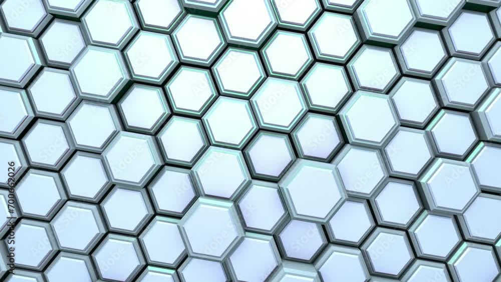 Poster dynamic blue background of volumetric hexagons. rendering animation.