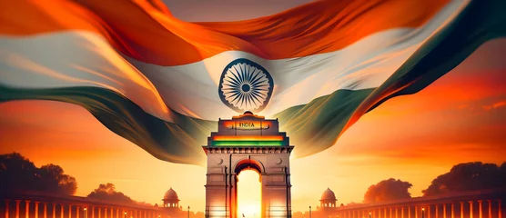 Fotobehang Illustration of india gate with big india flag in the sky. © Milano