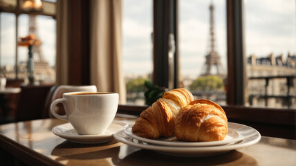 a cappuccino in a white cup and a croissant on the table with the background of the blurred Eiffel Tower