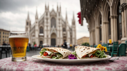 closeup of piadina with ham and cheese and a beer on the table with the background of milan cathedral blurred