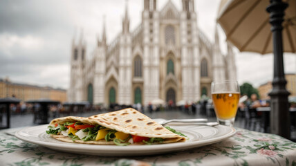 closeup of piadina with ham and cheese and a beer on the table with the background of milan cathedral blurred