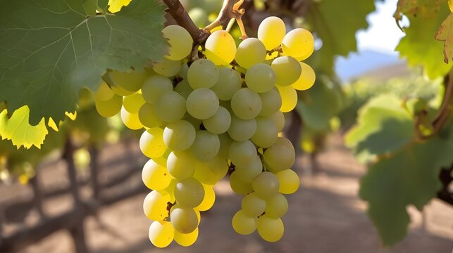 A bunch of white grapes between the grape leaves in a vineyard 