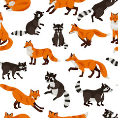vector drawing seamless pattern with foxes and racoons, hand drawn animals at white background , cartoon style characters