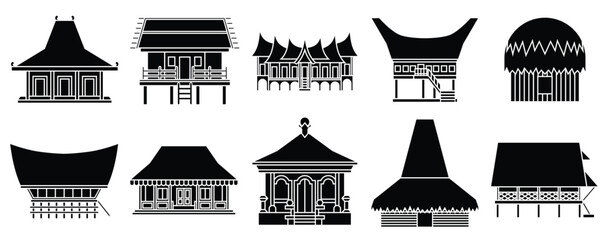 Set of rumah adat provinsi Indonesia, collection of Indonesian traditional house silhouette, vector illustration