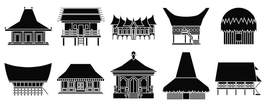 Set of rumah adat provinsi Indonesia, collection of Indonesian traditional house silhouette, vector illustration