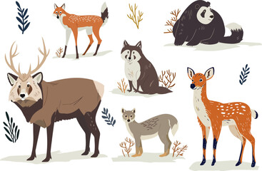 Vector illustration set of cute fox, deer and animals in nature