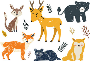 Naklejka premium Vector illustration set of cute fox, deer and animals in nature