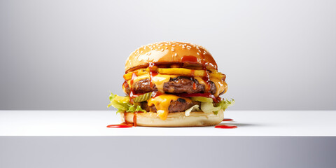 Double Cheeseburger on white stage