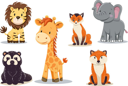 Vector illustration set of cute lion, giraffe and animals in nature