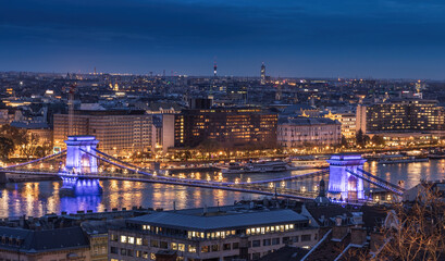 The Chain Bridge is one of the symbols of Budapest. View to the illuminates bridge at night
