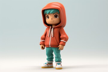 A 30-year-old male character, full body, front view, in a rust-red hoodie, pearl grey jeans, and turquoise sneakers, on a white