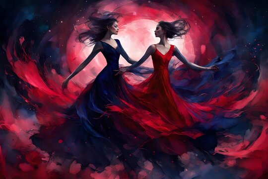 Vivid crimson and midnight indigo dancing in a captivating, cosmic waltz.