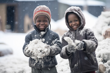 African children joyfully making snowballs. Idea of global warming and climate changes - obrazy, fototapety, plakaty