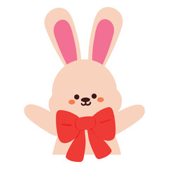 hand drawing cartoon bunny with big red ribbon. cute animal doodle sticker