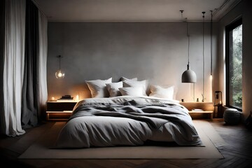 A serene bedroom with minimalist decor, soft lighting, and a neatly made bed.