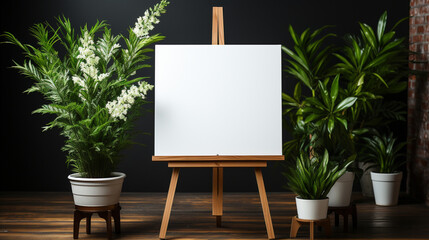 White canvas on wooden easel and copy space with plant - obrazy, fototapety, plakaty