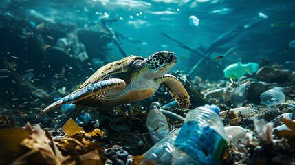 A sea turtle swimming underwater surrounded by plastic pollution. 
