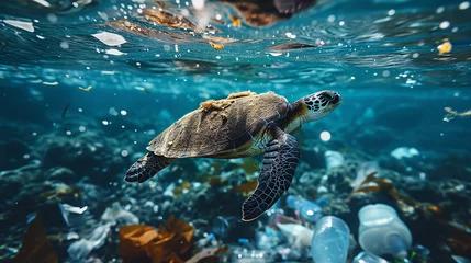 Foto op Plexiglas anti-reflex A sea turtle swimming underwater surrounded by plastic pollution.  © Andrea Raffin