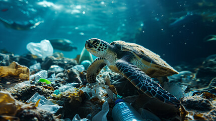 Obraz premium A sea turtle swimming underwater surrounded by plastic pollution. 