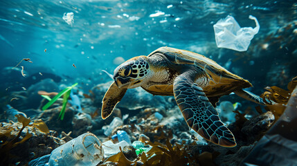 Obraz premium A sea turtle swimming underwater surrounded by plastic pollution. 