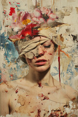 Creative collage of different photos with paint masks, art portrait of a woman
